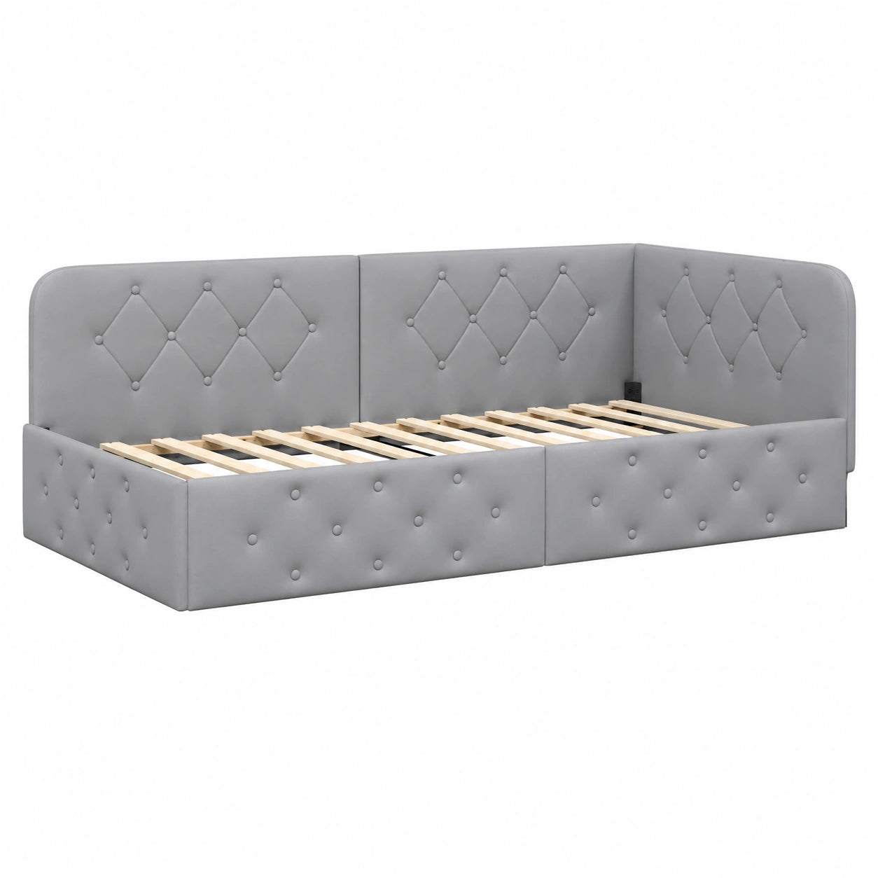 Letto angolare imbottito in tessuto grigio chiaro 90x190 cm, design moderno a forma di L con braccioli reversibili
