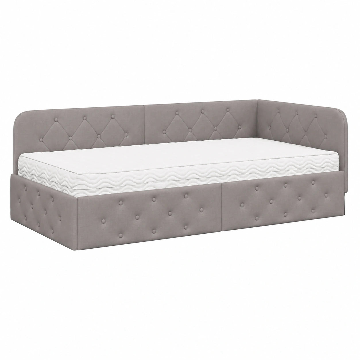 Divano letto angolare 100x200 cm con materasso, struttura moderna in compensato tortora, testiera reversibile salvaspazio