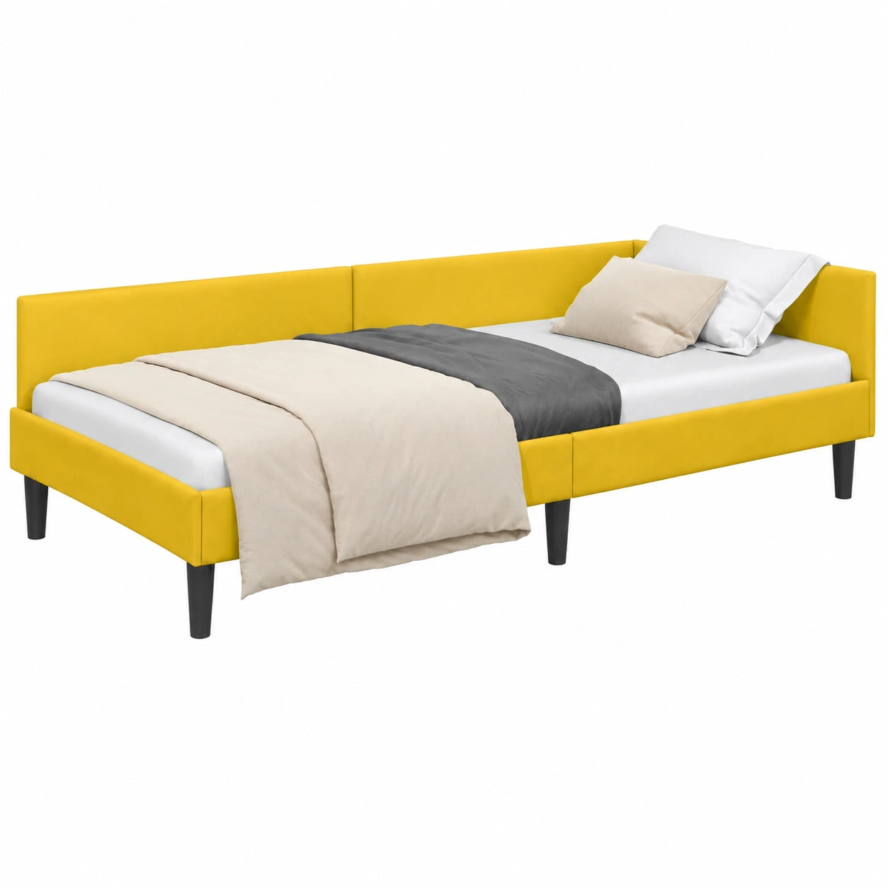Letto Singolo Angolare in Velluto Giallo con Testiera a L Reversibile