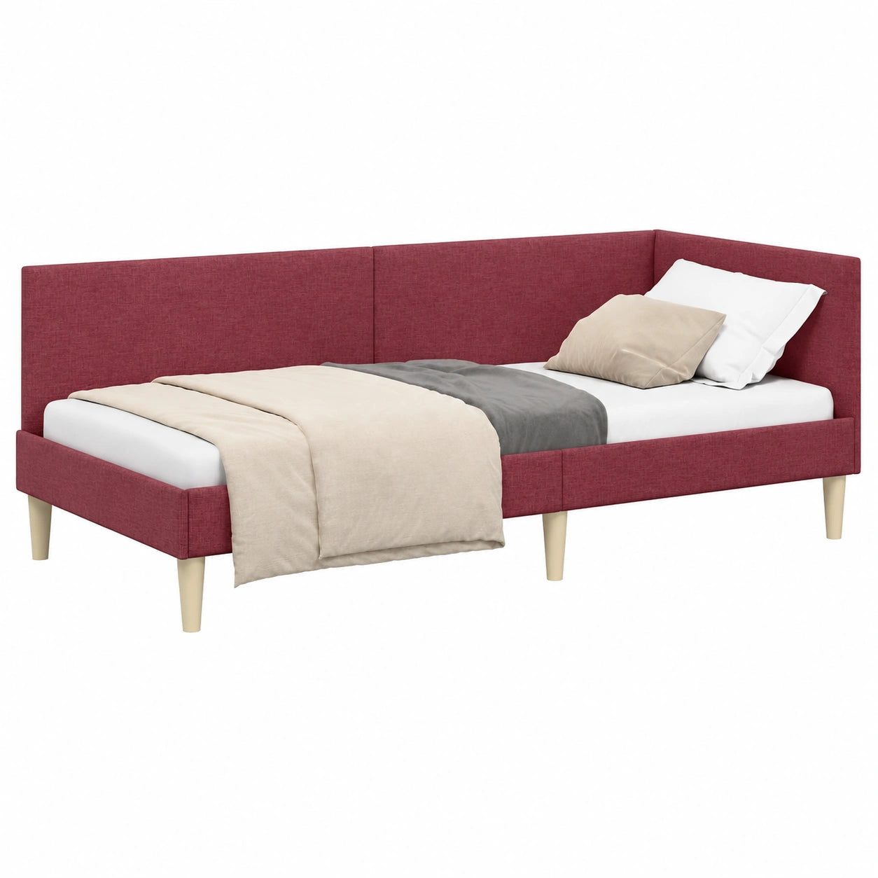 Letto angolare moderno 100x200 cm in tessuto rosso vinaccia con testiera reversibile
