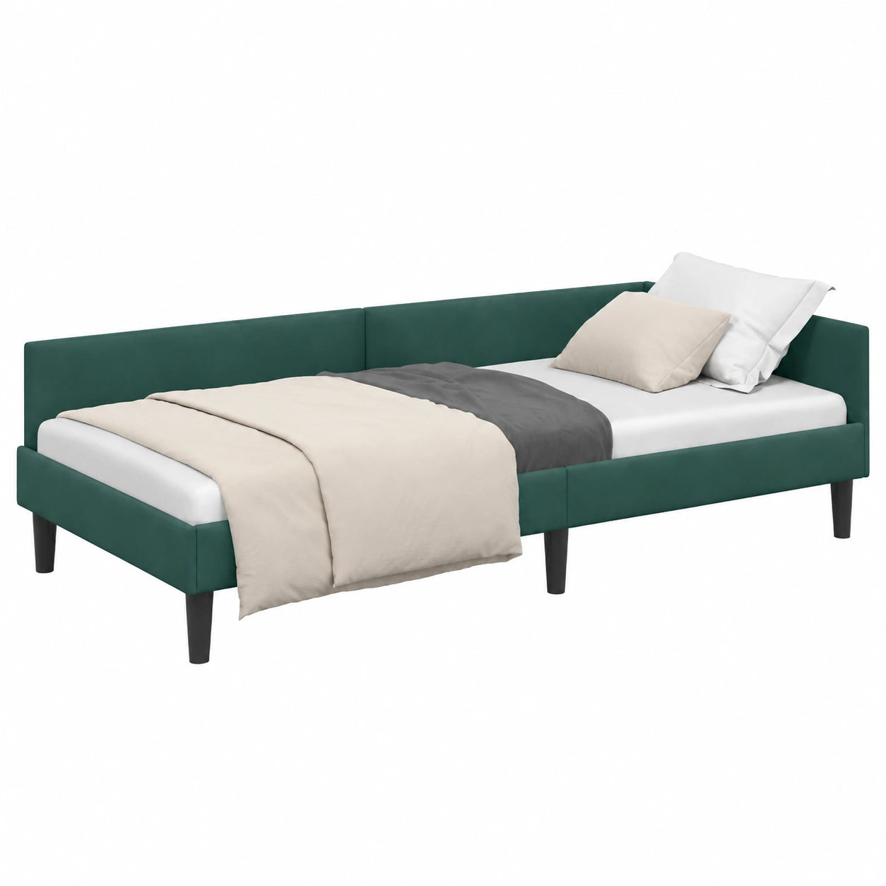 Letto angolare 80x200 cm in velluto verde, design moderno con testiera reversibile
