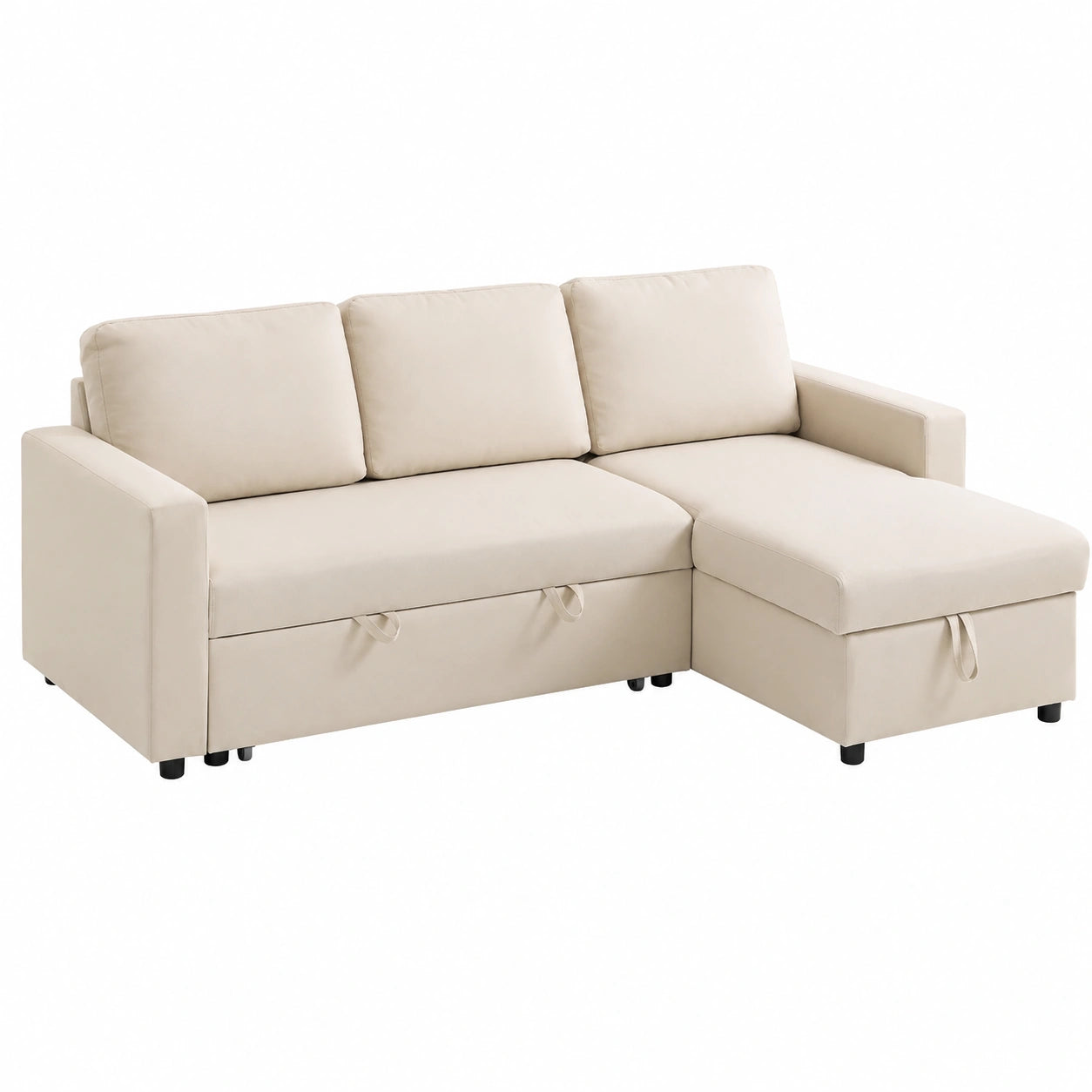 Divano angolare HOMCOM 3 posti con letto estraibile e chaise longue reversibile, contenitore integrato, tessuto crema effetto lino