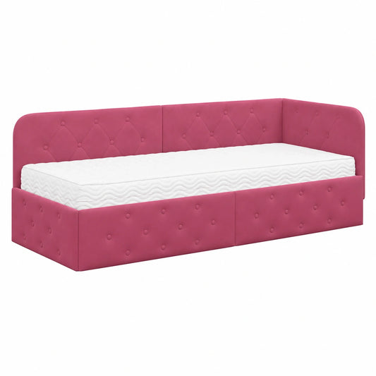 Letto angolare salvaspazio 80x200 cm in velluto rosso con testiera reversibile