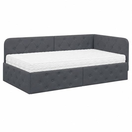 Letto Angolare Grigio Scuro in Velluto 90x190 cm con Rete e Materasso