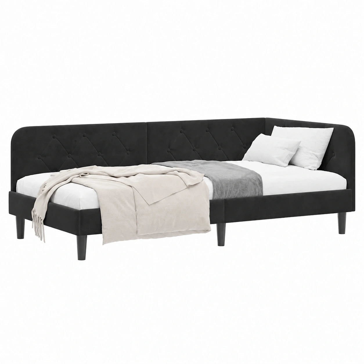 Letto angolare in velluto nero 90x190 cm, divano a L con bracciolo reversibile, design moderno salvaspazio