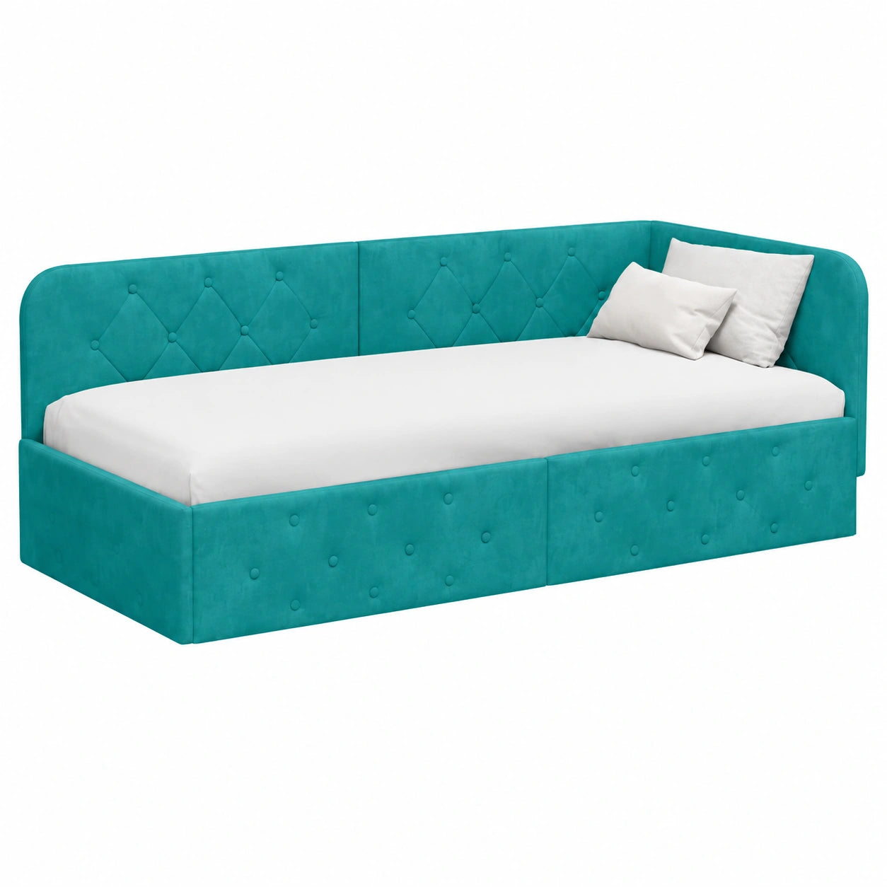 Letto angolare in velluto turchese L, 80x200 cm, con bracciolo reversibile, design moderno compatto