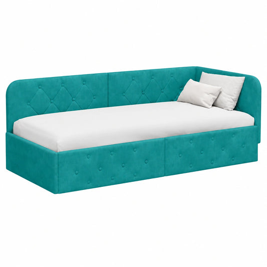 Letto angolare in velluto turchese L, 80x200 cm, con bracciolo reversibile, design moderno compatto