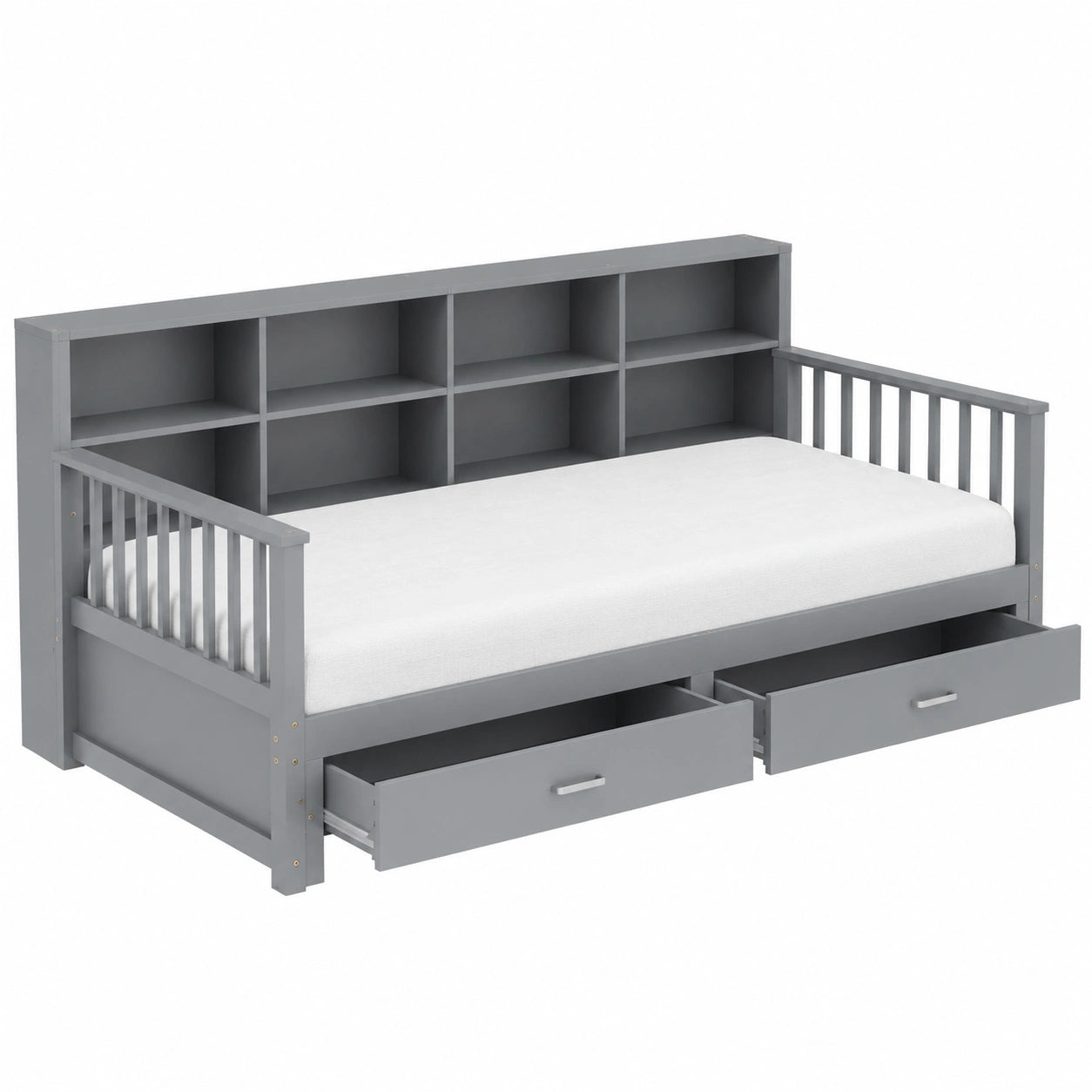 Divano Letto in Pino Grigio con Vano Contenitore e Presa di Ricarica, 2 Posti, Rete a Doghe, 90(180)x190cm