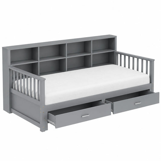 Divano Letto in Pino Grigio con Vano Contenitore e Presa di Ricarica, 2 Posti, Rete a Doghe, 90(180)x190cm