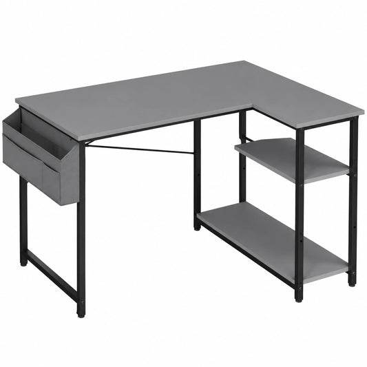 SOLAVERO Scrivania Angolare Reversibile con Ripiani e Borsa Portaoggetti, 110 x 80 cm, Tavolo Gaming per Ufficio e Studio, Colore Grigio