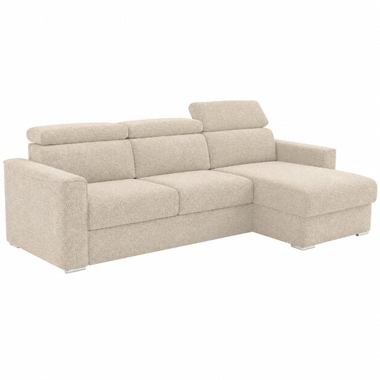 Divano Angolare Reversibile Letto in Tessuto Beige con Superficie Reclinabile e Materasso 14cm